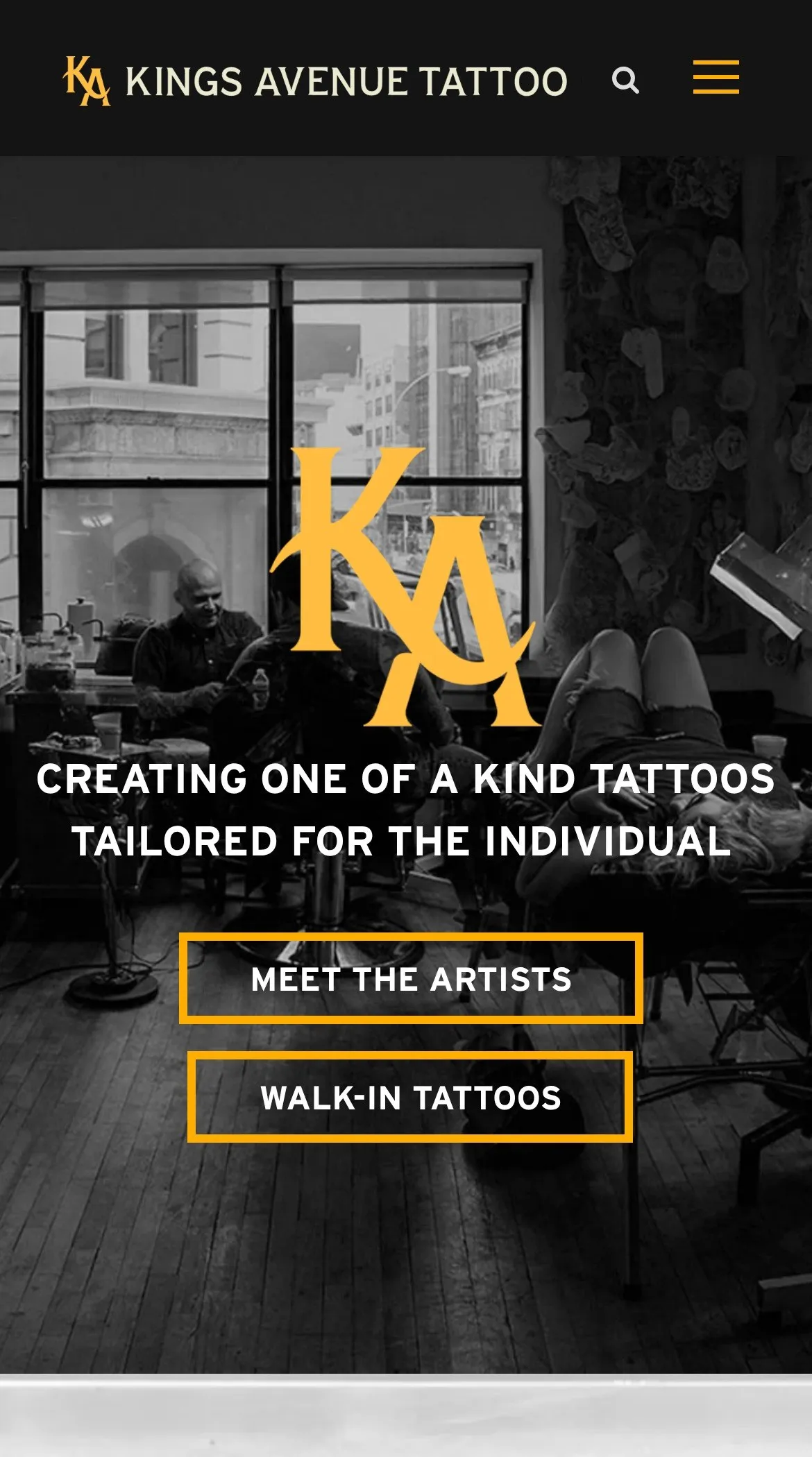 Kings Avenue Tattoo, the home page on a phone