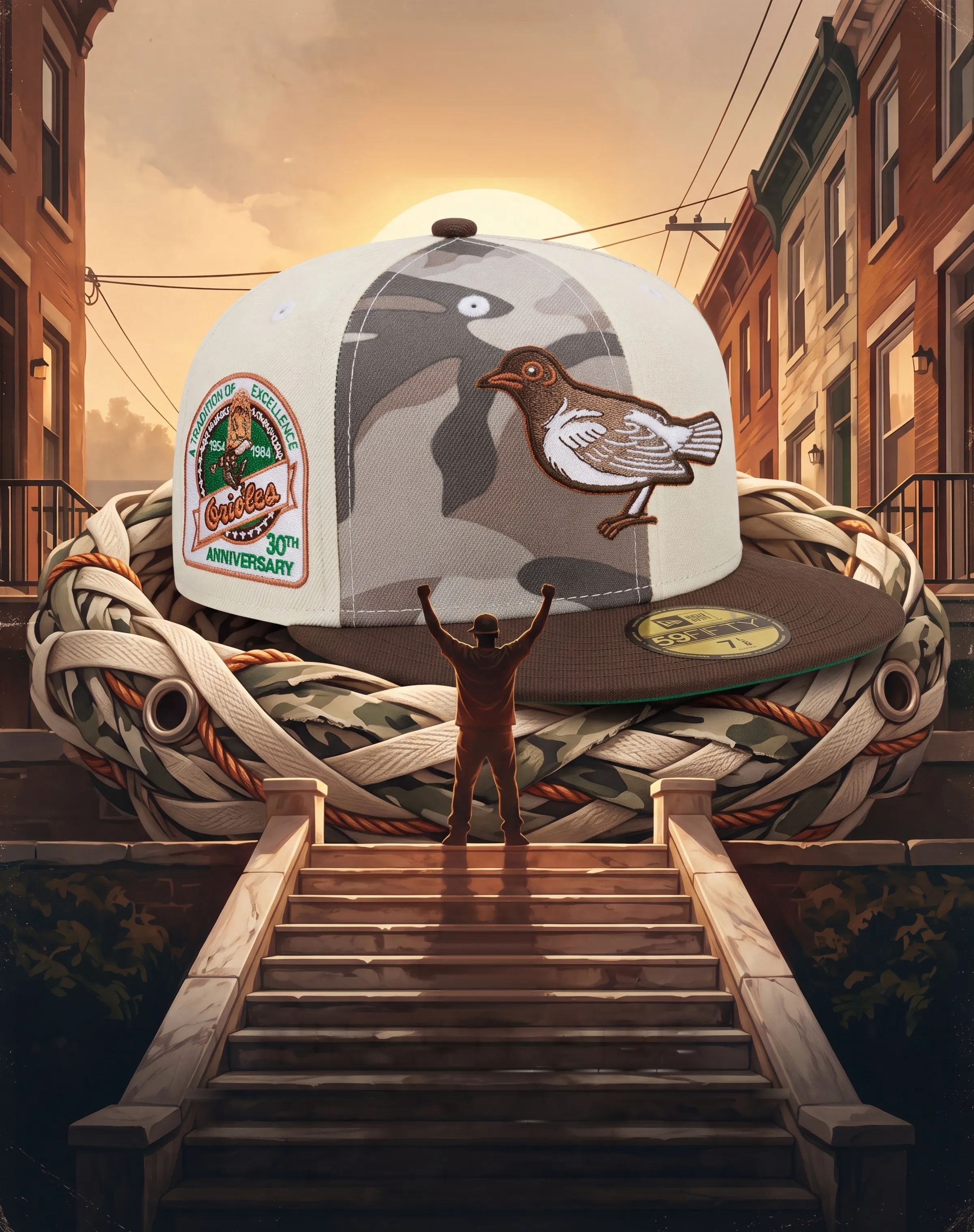 Hat Club x HIGHLARK LEGACY. A colossal Orioles fitted in a woven nest above a Baltimore stoop at sunset, one figure on the landing with both arms up.